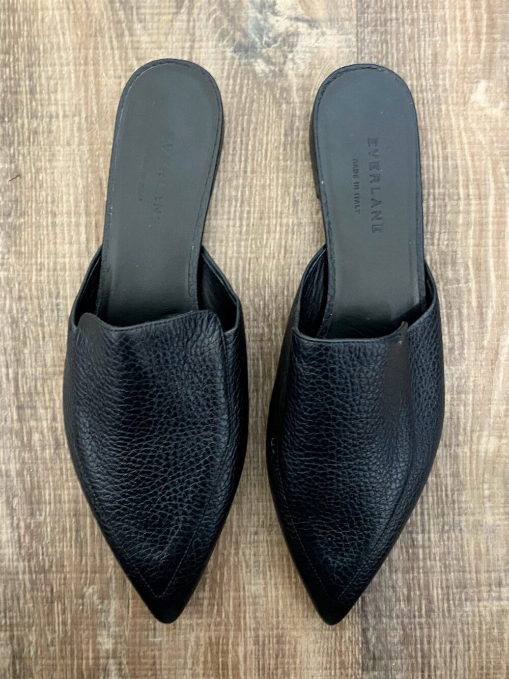 Black Leather Point Toe Mules / Size 8